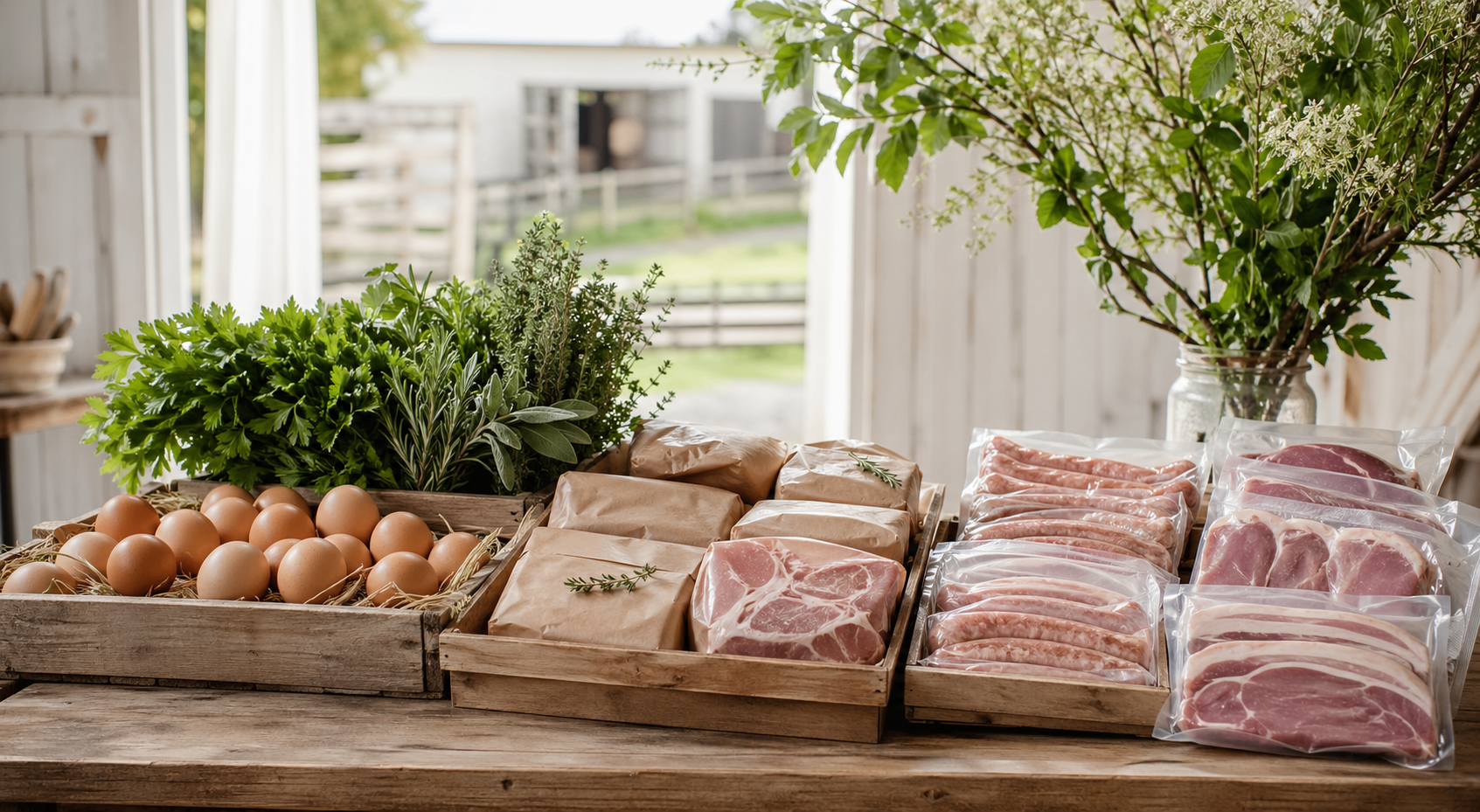 Farm pickup table with eggs, herbs, and packaged farm goods